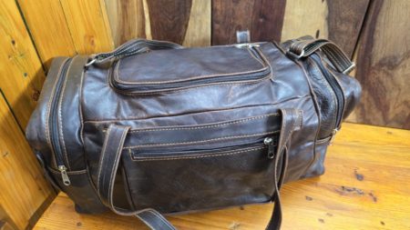 The Overlander Premium Leather Travel Bag front view in genuine brown leather